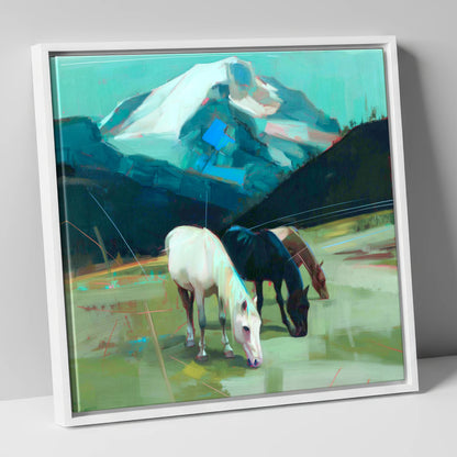 Teal Mountain Pasture horse landscape canvas wall art in white frame