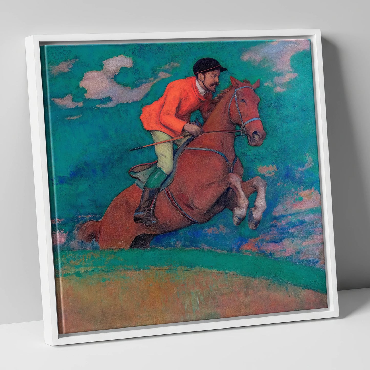 The Crimson Chase racing horse canvas wall art in white frame