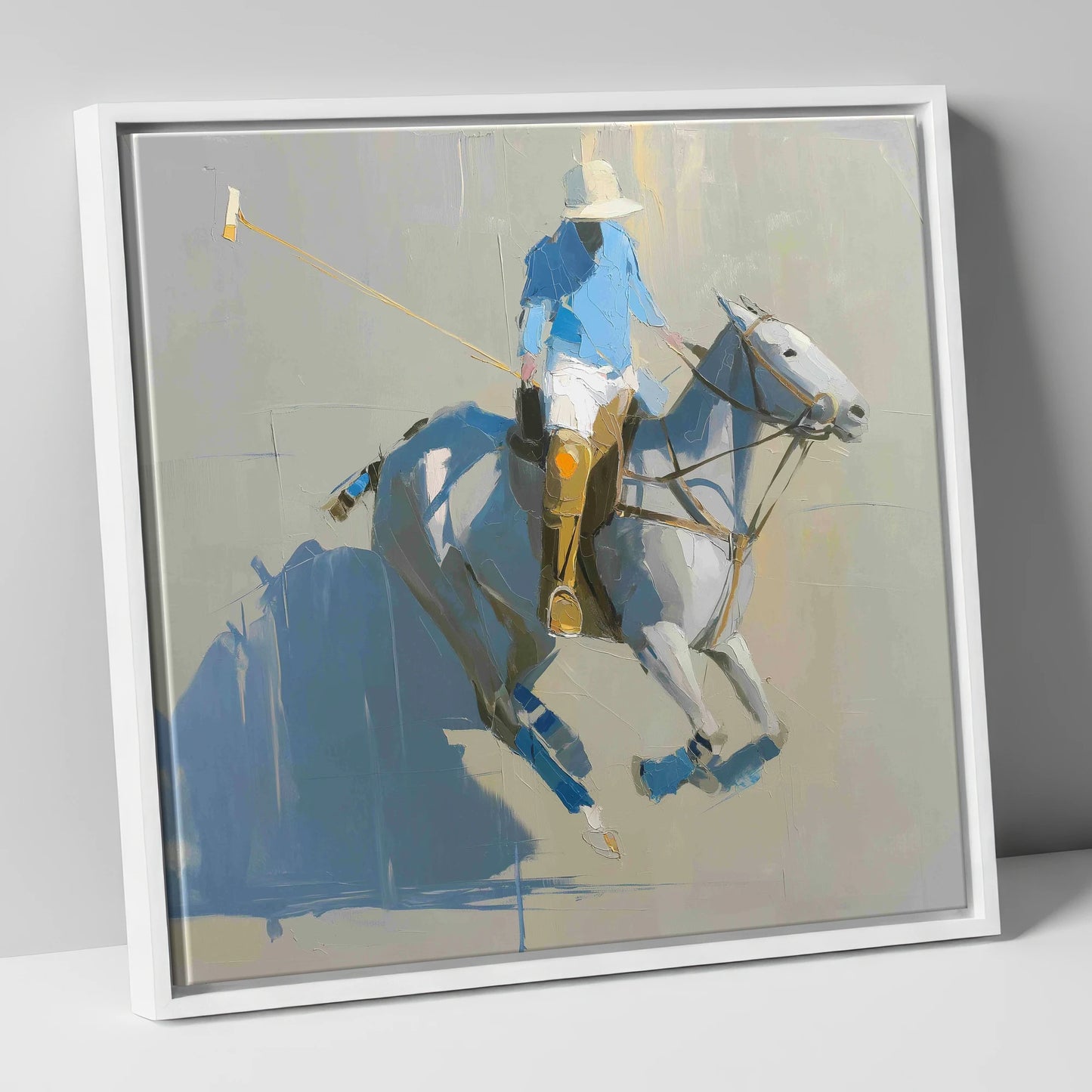 Slate Blue Chukka polo horse canvas wall art in white frame