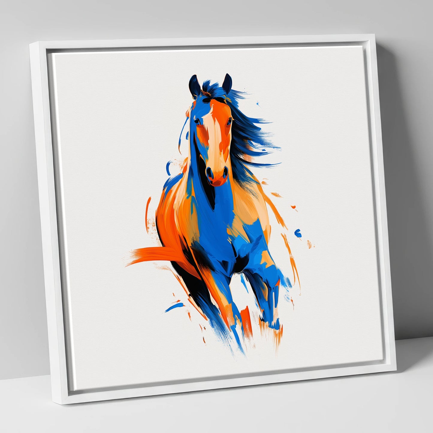 Vivid Cobalt Canter horse portrait canvas wall art in white frame