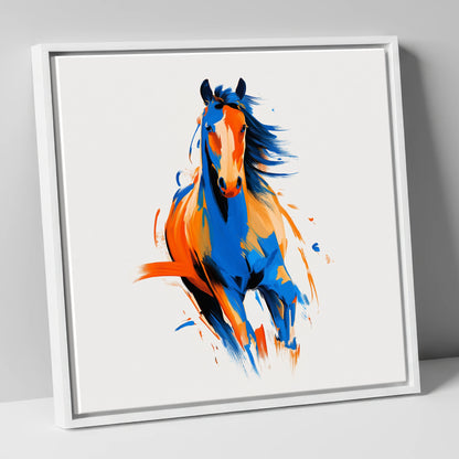 Vivid Cobalt Canter horse portrait canvas wall art in white frame