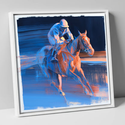 Twilight Stretch racing horse canvas wall art in white frame