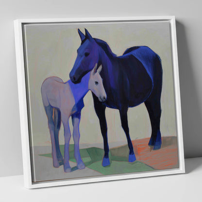 Indigo Embrace mare & foal canvas wall art in white frame