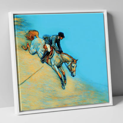 Bold Cerulean Flight show jumping horse canvas wall art in white frame