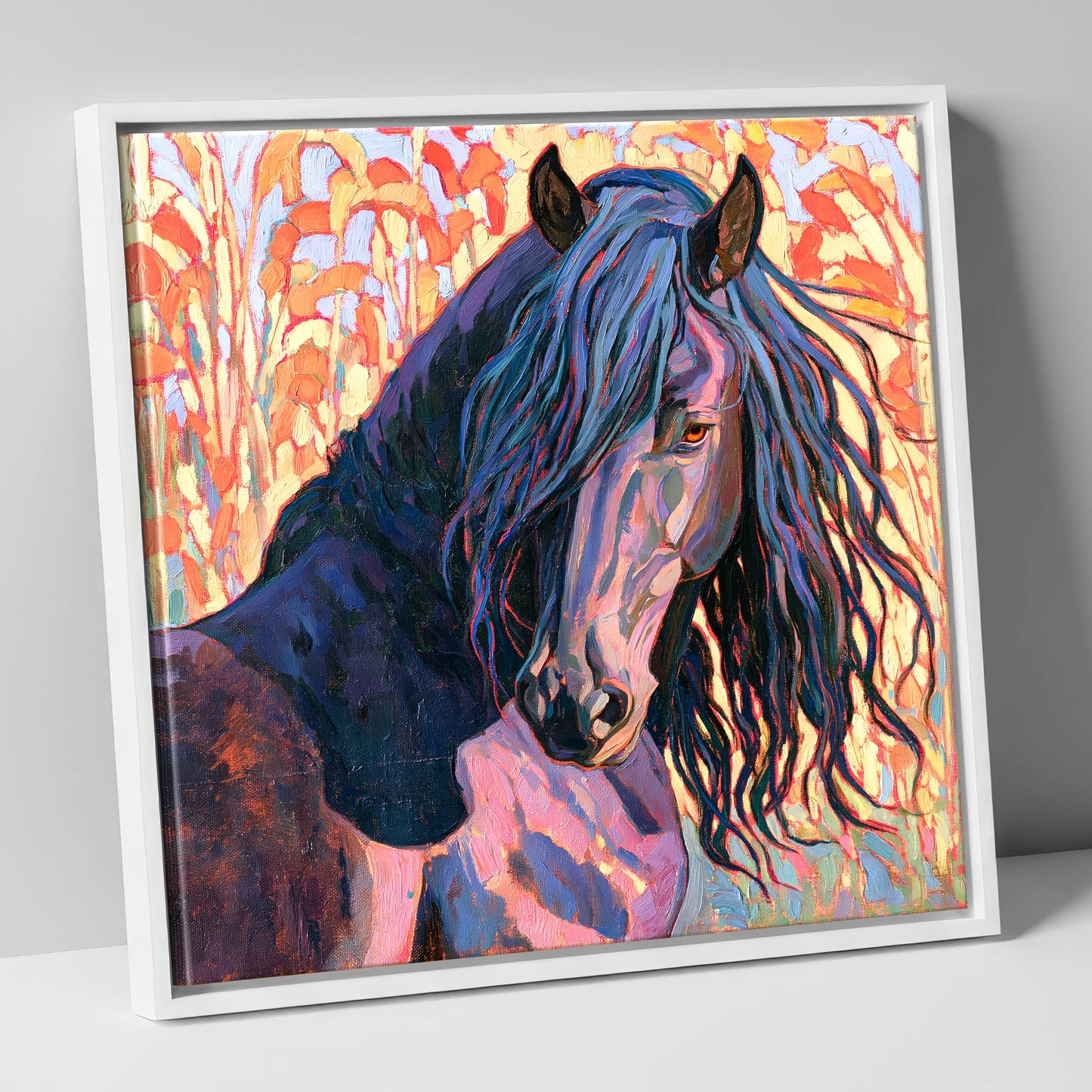 Colourful Friesian Horse Portrait horse breed canvas wall art in white frame