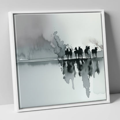Monochrome Mist Herd wild horses canvas wall art in white frame