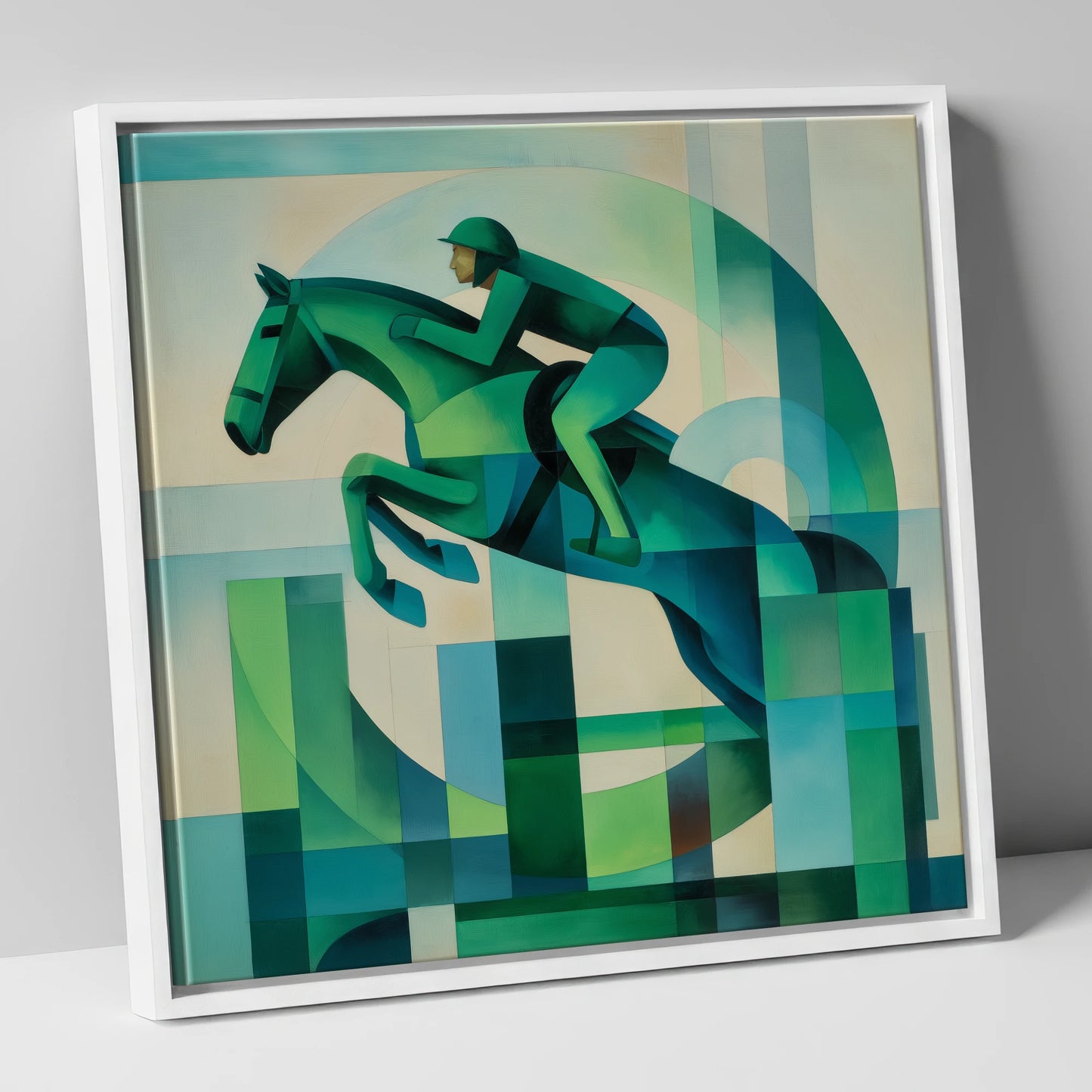 Emerald Ascent show jumping horse canvas wall art in white frame