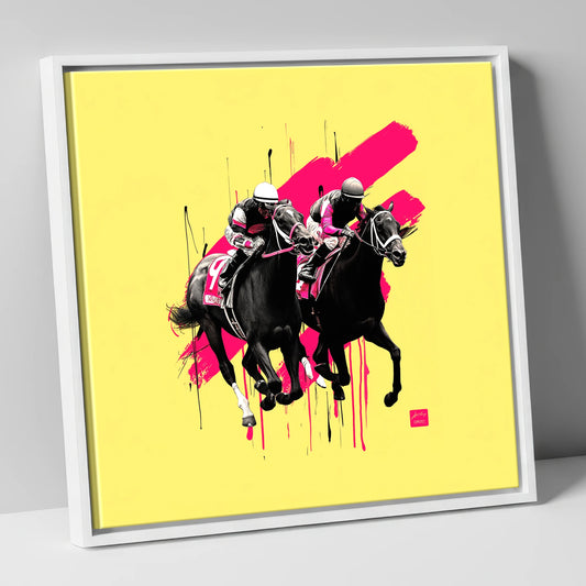 High Stakes Sprint racing horse canvas wall art in white frame