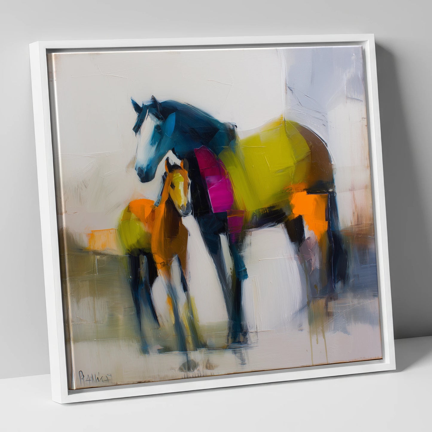 Vibrant Bond mare & foal canvas wall art in white frame