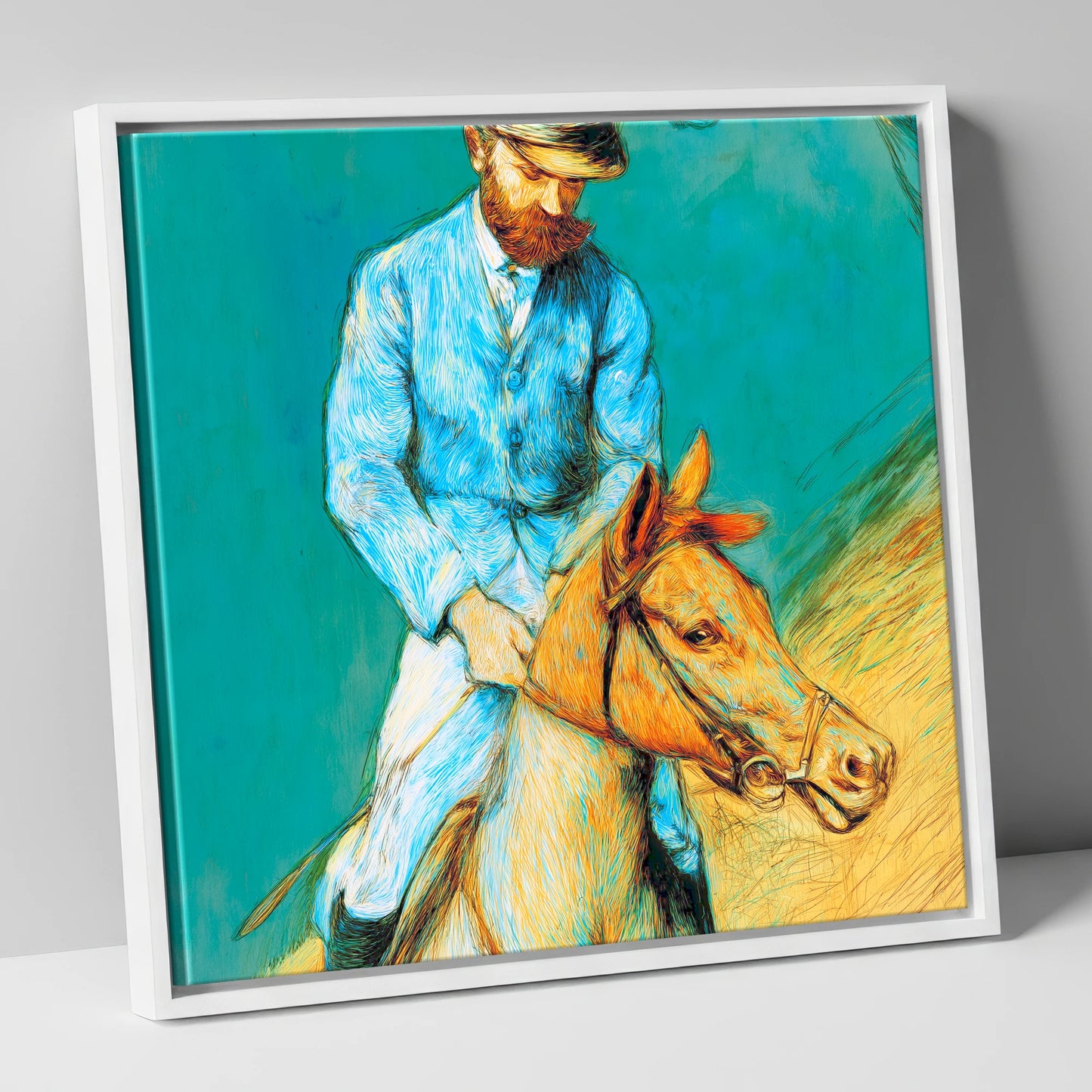 The Cerulean Rider racing horse canvas wall art in white frame