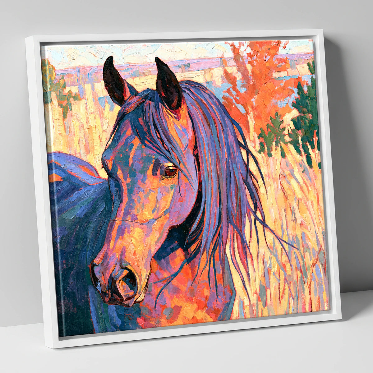 Colourful Horse in Autumn Grass horse breed canvas wall art in white frame