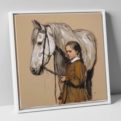 Gentle Guidance horse & rider canvas wall art in white frame