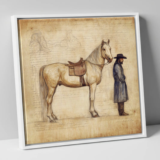 The Frontiersman's Companion western horse canvas wall art in white frame