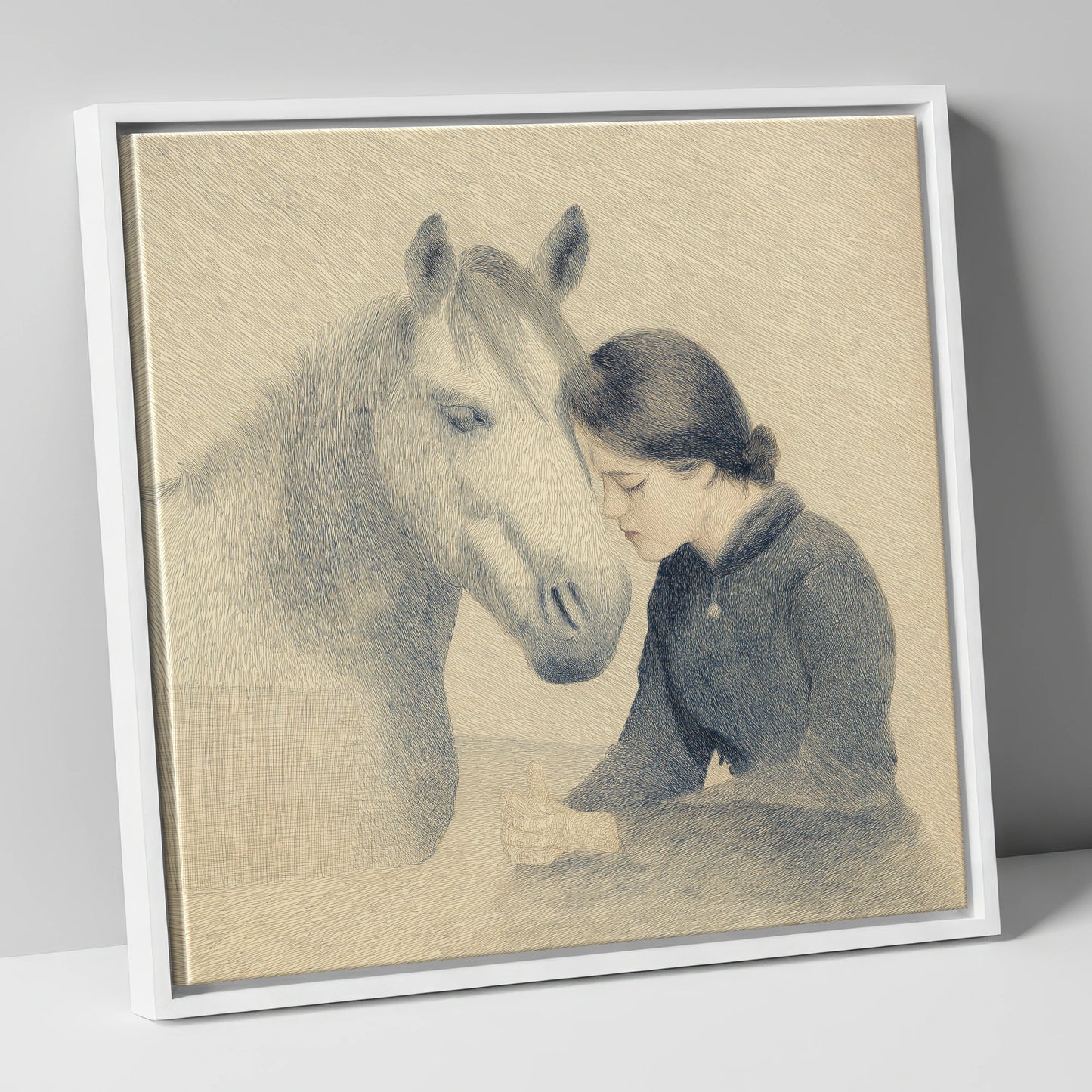 The Silent Bond horse & rider canvas wall art in white frame
