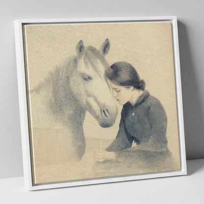 The Silent Bond horse & rider canvas wall art in white frame