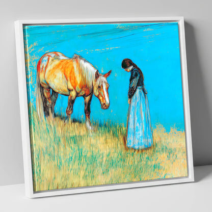Cerulean Bond horse & rider canvas wall art in white frame