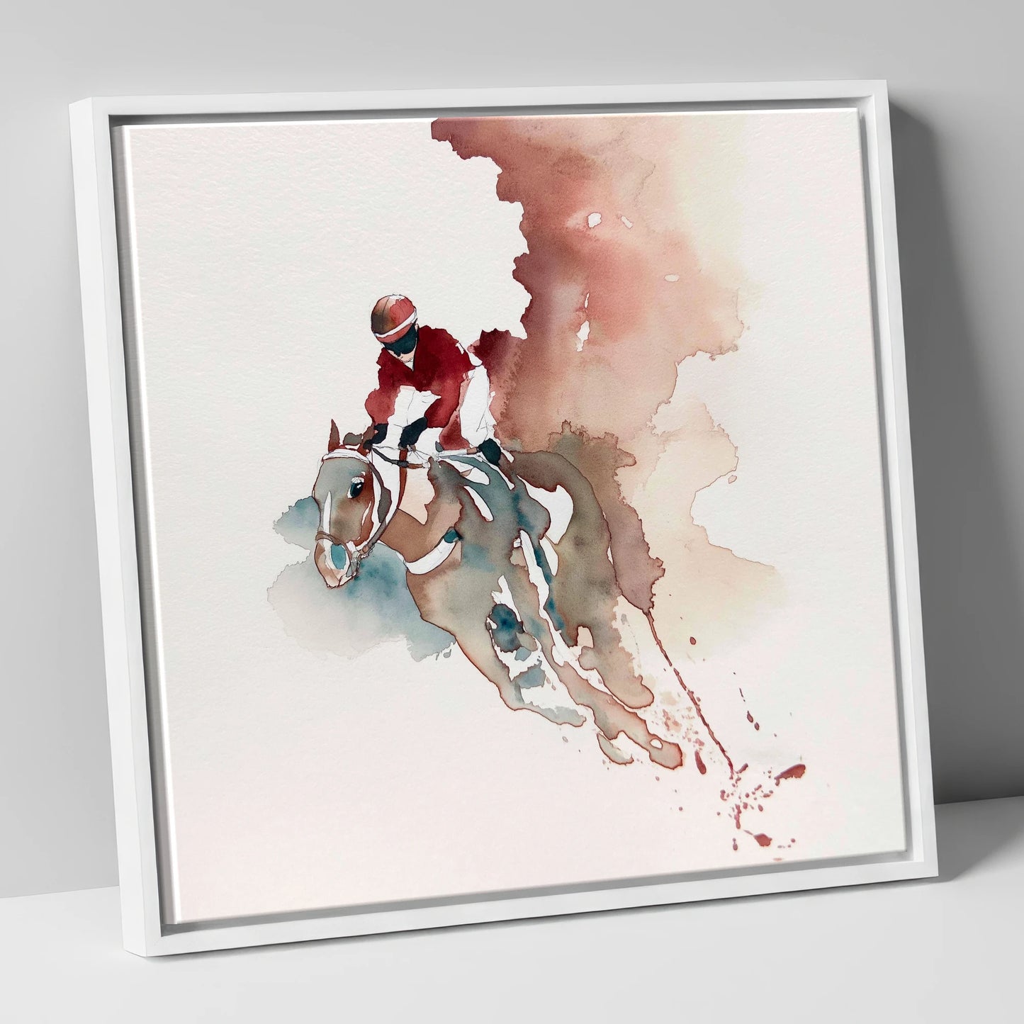 Crimson Surge racing horse canvas wall art in white frame
