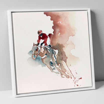 Crimson Surge racing horse canvas wall art in white frame