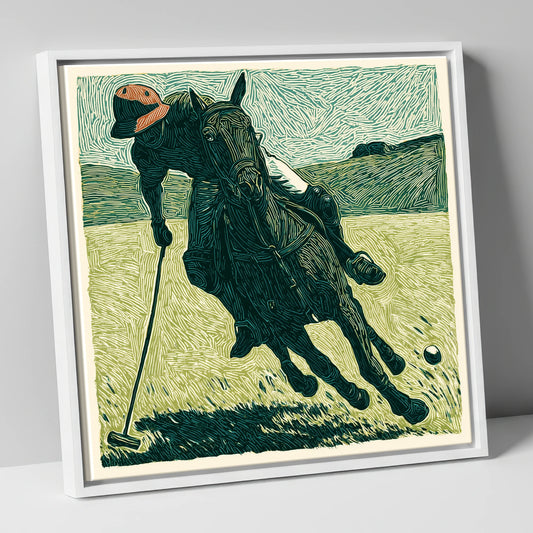 Dark Polo Horse Mid-Strike polo horse canvas wall art in white frame
