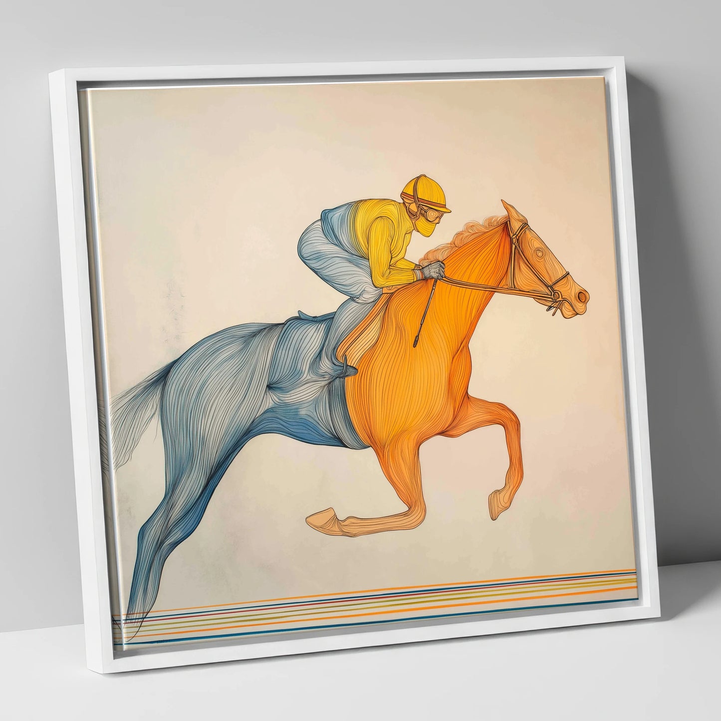 The Fluid Stride racing horse canvas wall art in white frame