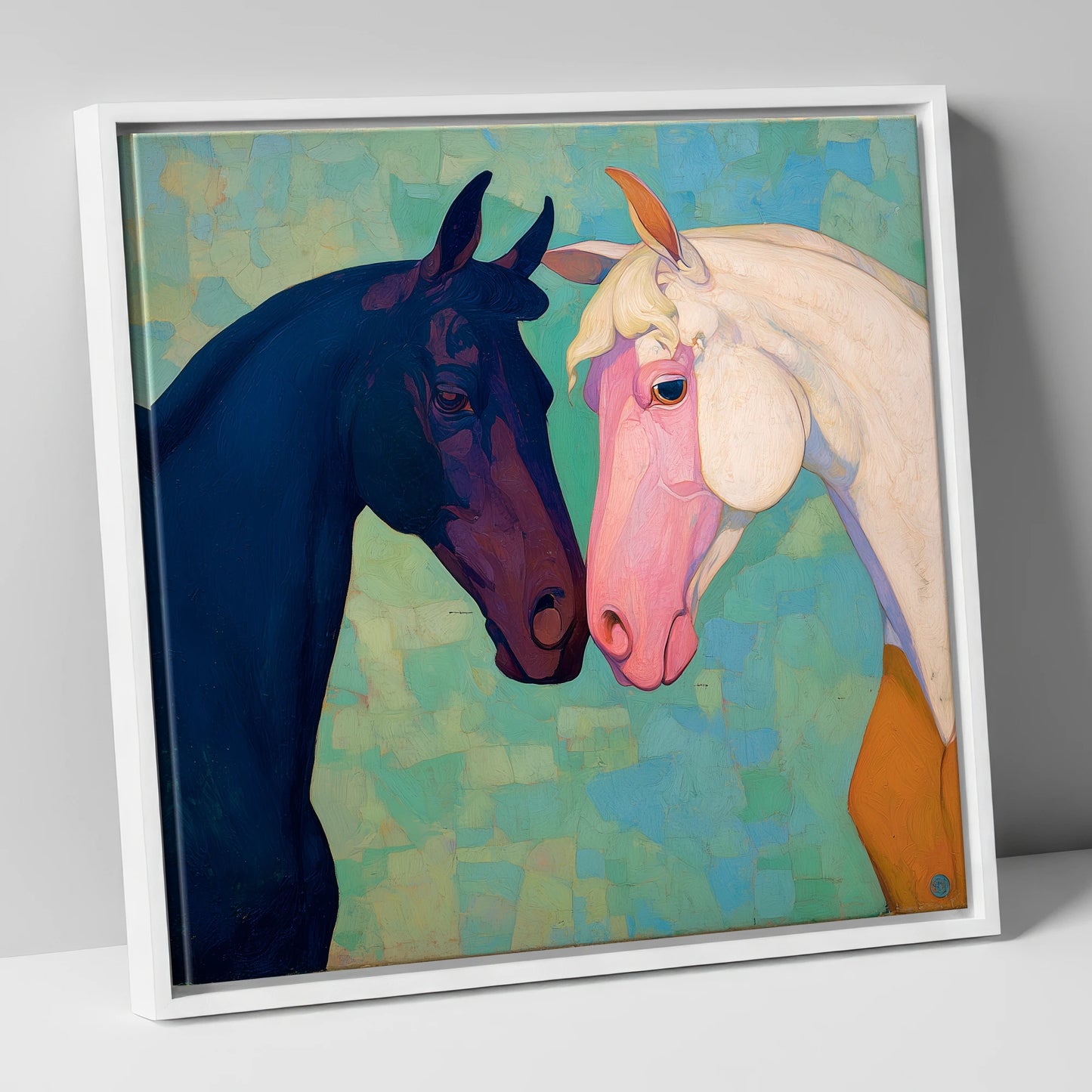 Sapphire and Rose horse portrait canvas wall art in white frame