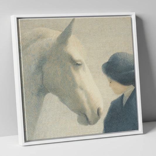 Grey Horse and Girl Profile horse & rider canvas wall art in white frame