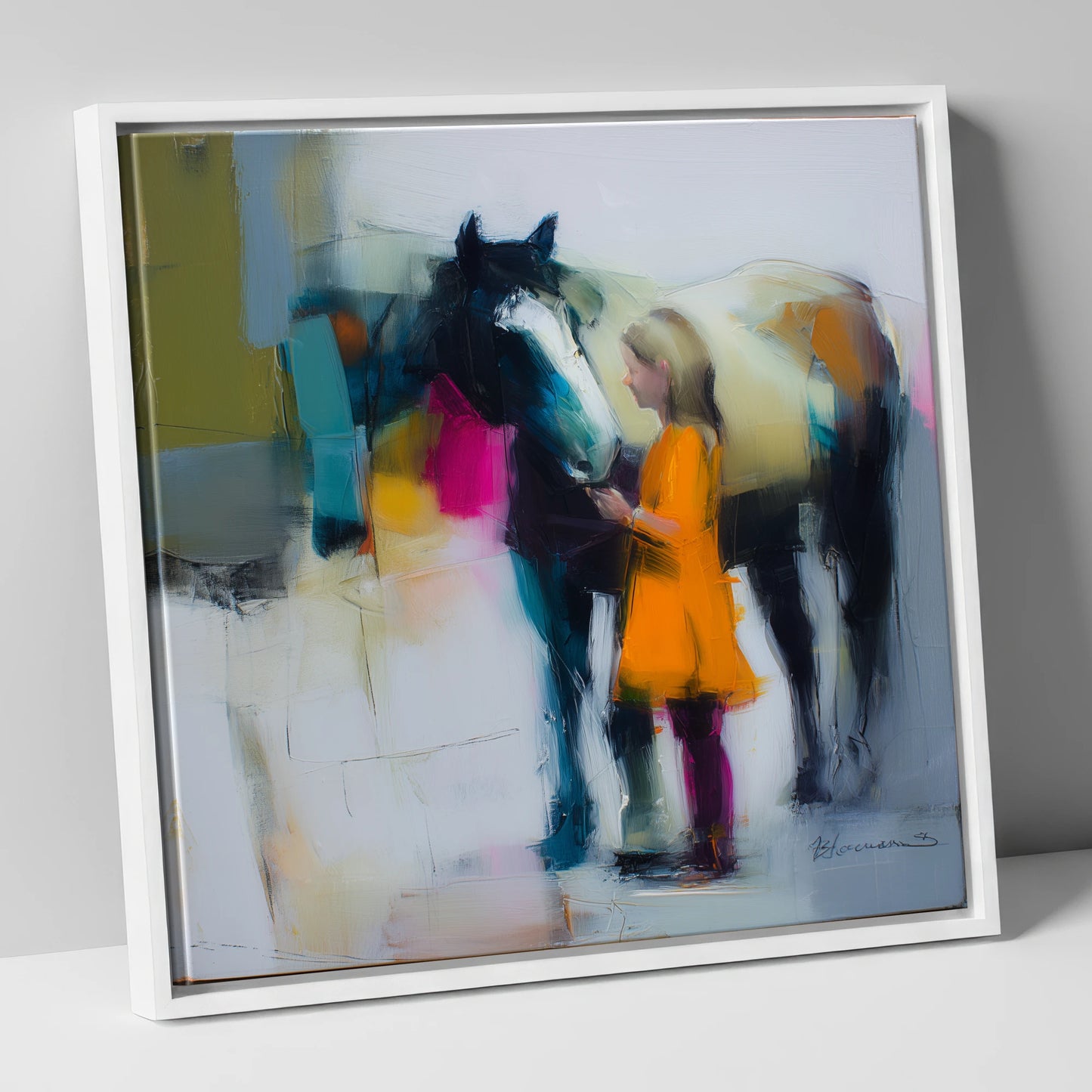 Vibrant Connection horse & rider canvas wall art in white frame