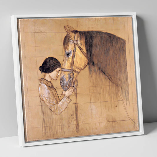 The Silent Bond horse & rider canvas wall art in white frame