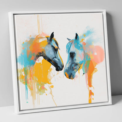 Spirited Bond horse portrait canvas wall art in white frame