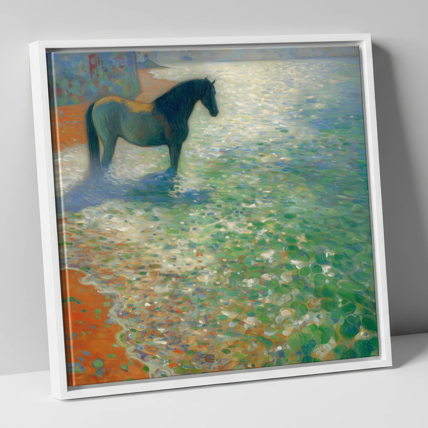 Sunlit Coastal Shallows beach horse canvas wall art in white frame