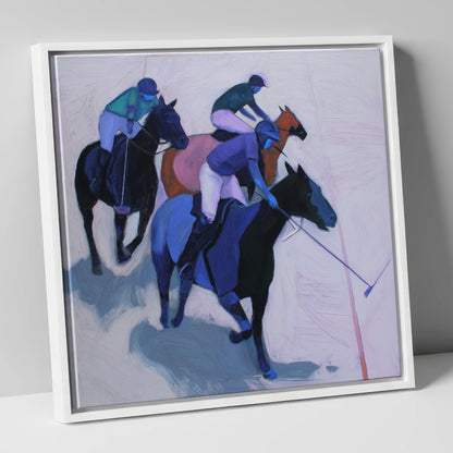Midnight Pursuit on the Field polo horse canvas wall art in white frame