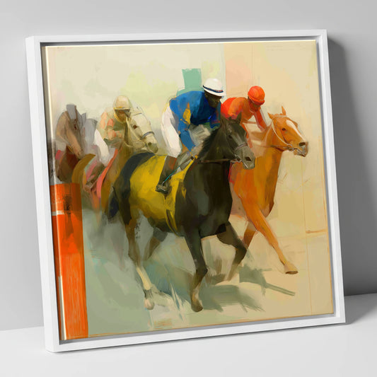 Dynamic Racehorses in Bright Silks racing horse canvas wall art in white frame