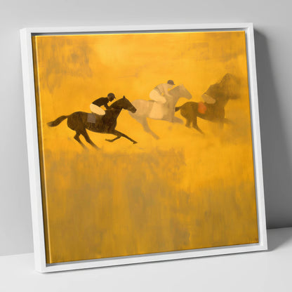 Golden Dust Runners racing horse canvas wall art in white frame