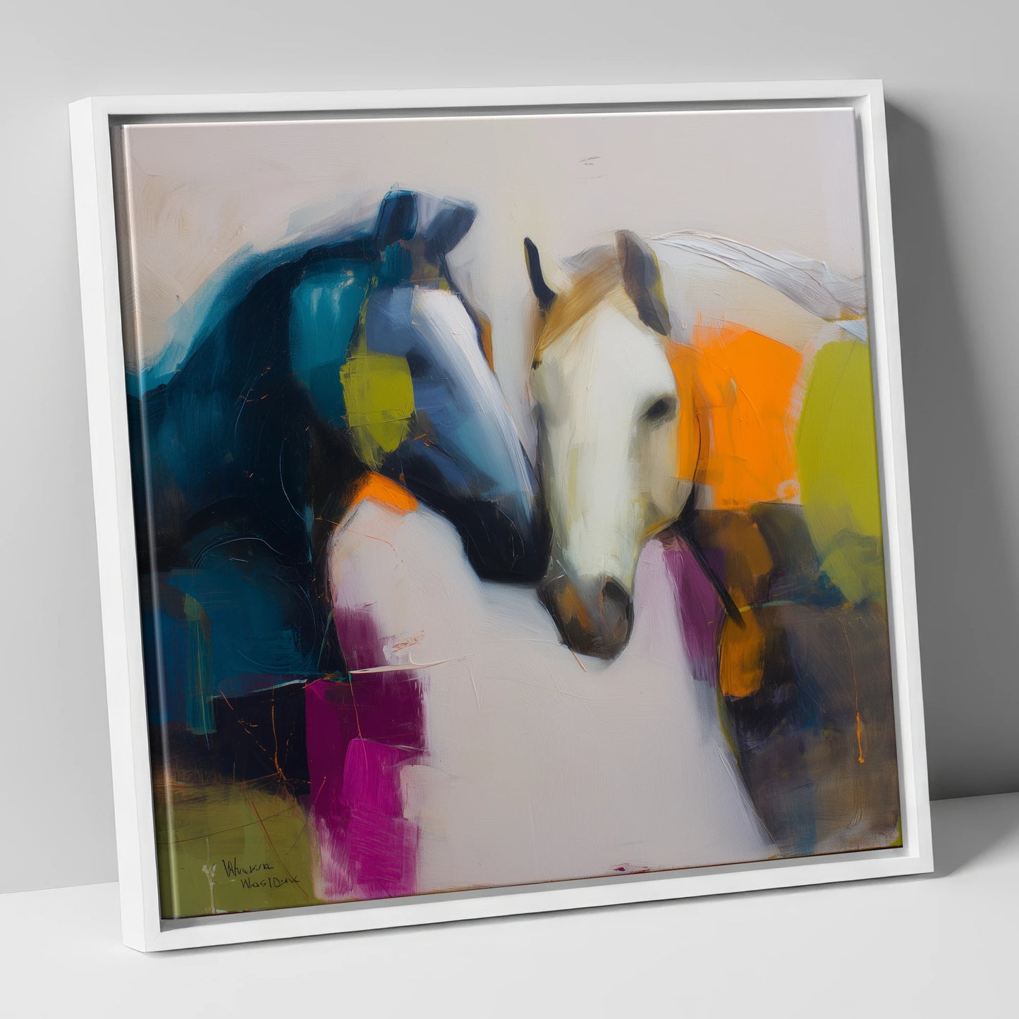 Vibrant Equine Bond horse portrait canvas wall art in white frame