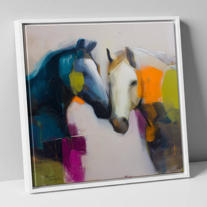 Vibrant Equine Bond horse portrait canvas wall art in white frame