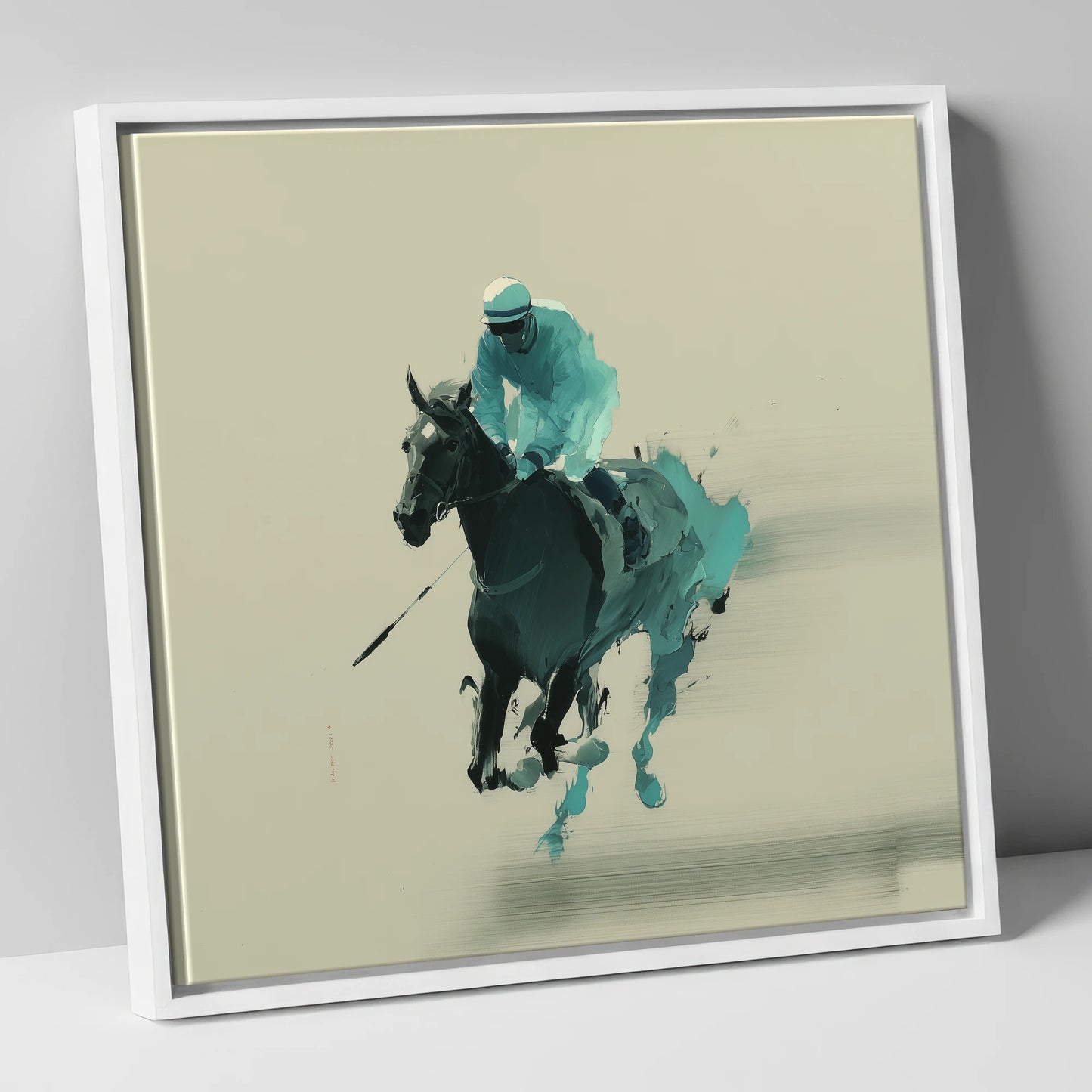 Teal Velocity racing horse canvas wall art in white frame