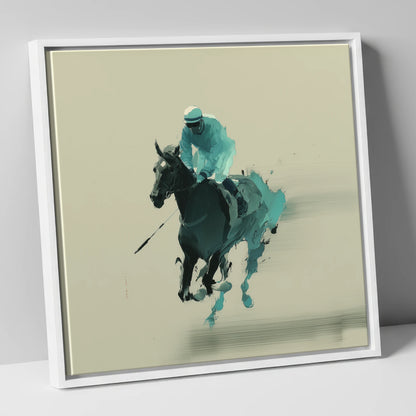 Teal Velocity racing horse canvas wall art in white frame