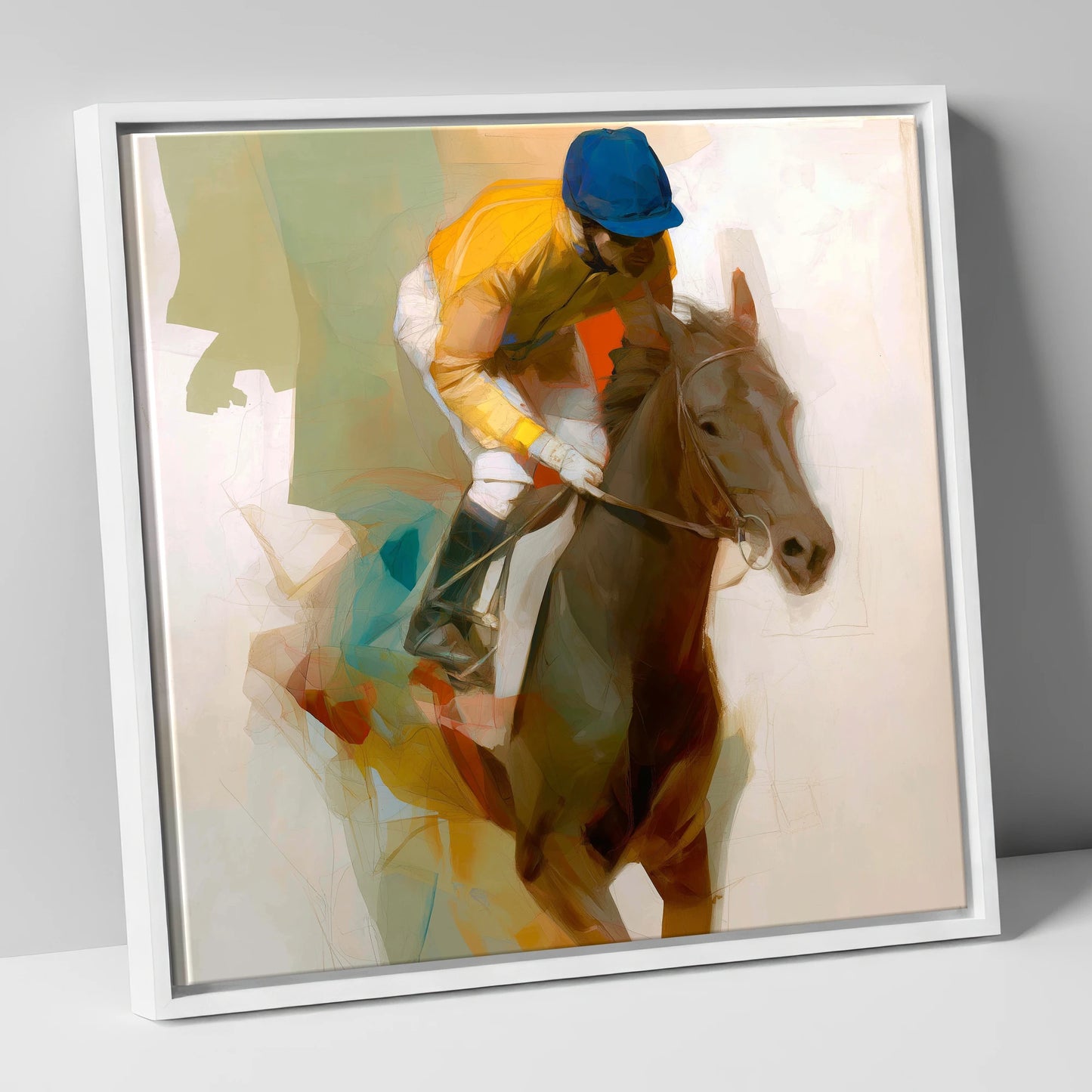 Yellow Silk Strike racing horse canvas wall art in white frame