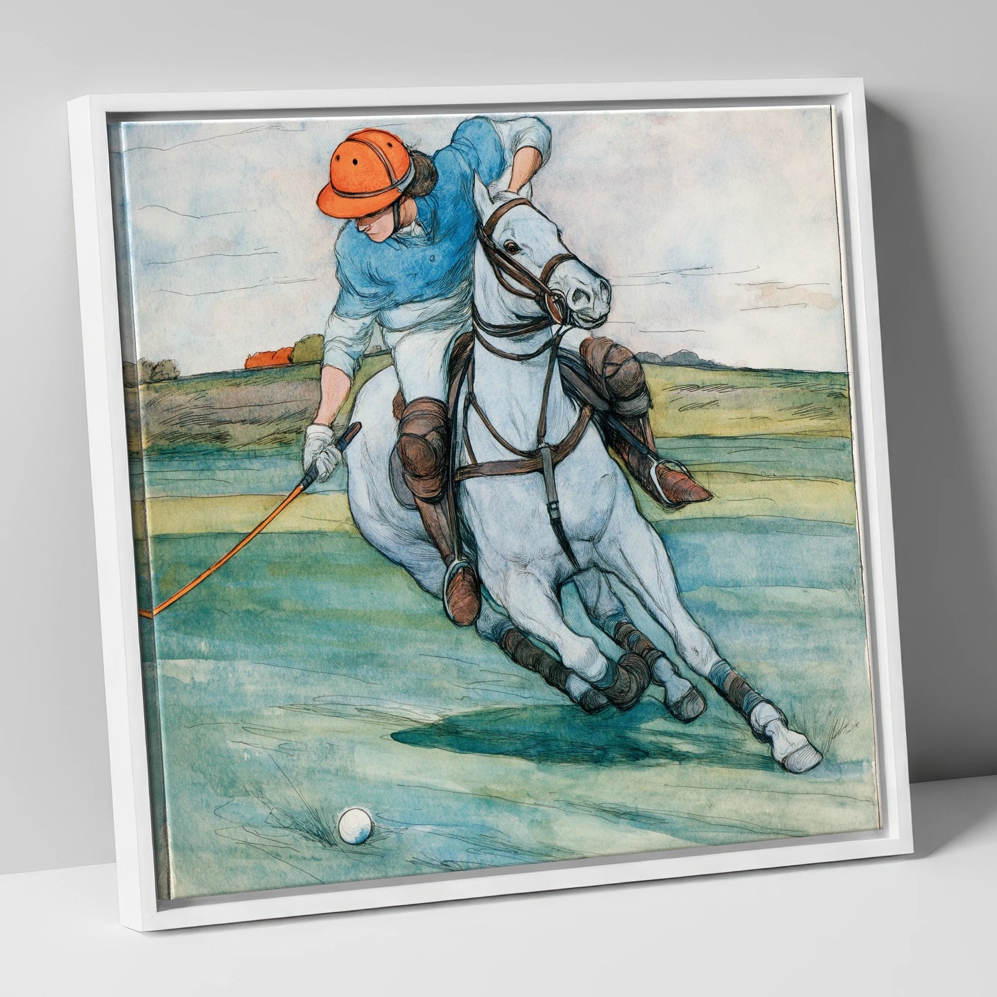 The Nearside Strike polo horse canvas wall art in white frame