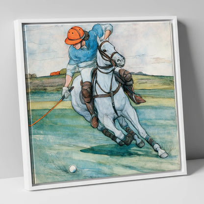 The Nearside Strike polo horse canvas wall art in white frame