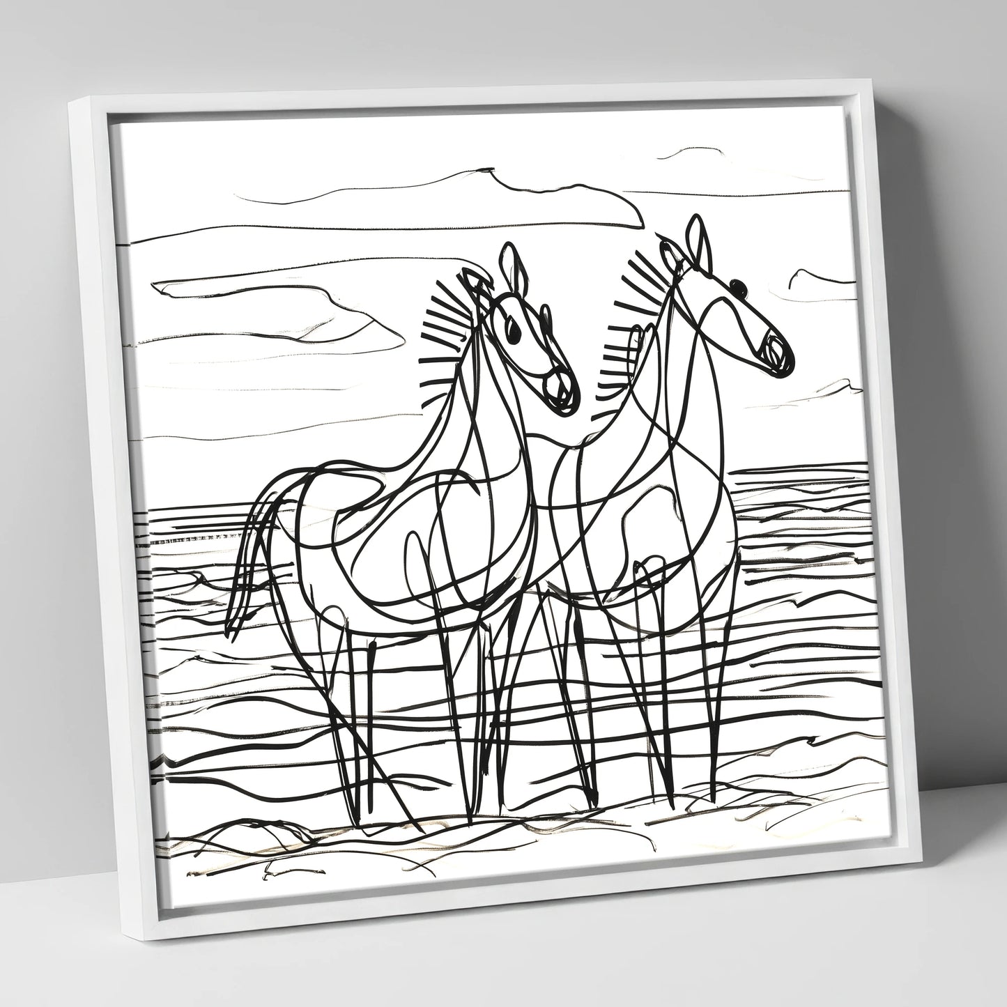 Linear Equine Companions horse landscape canvas wall art in white frame