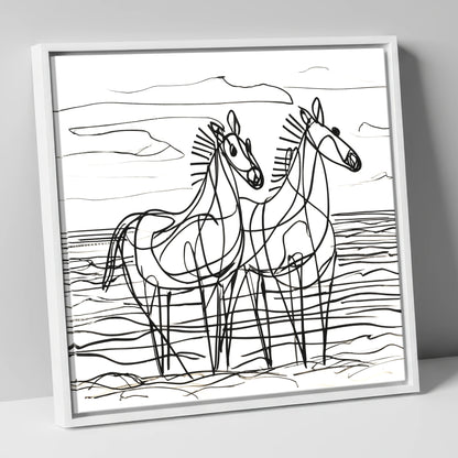 Linear Equine Companions horse landscape canvas wall art in white frame
