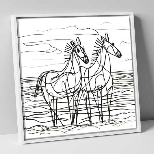 Linear Equine Companions horse landscape canvas wall art in white frame