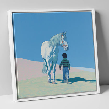 The Quiet Companion horse & rider canvas wall art in white frame