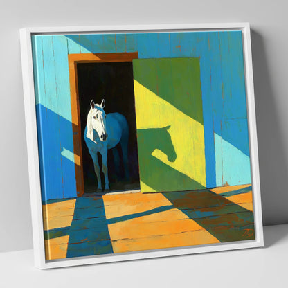 Sunlight and Silhouette horse stable canvas wall art in white frame
