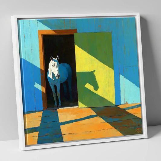 Sunlight and Silhouette horse stable canvas wall art in white frame