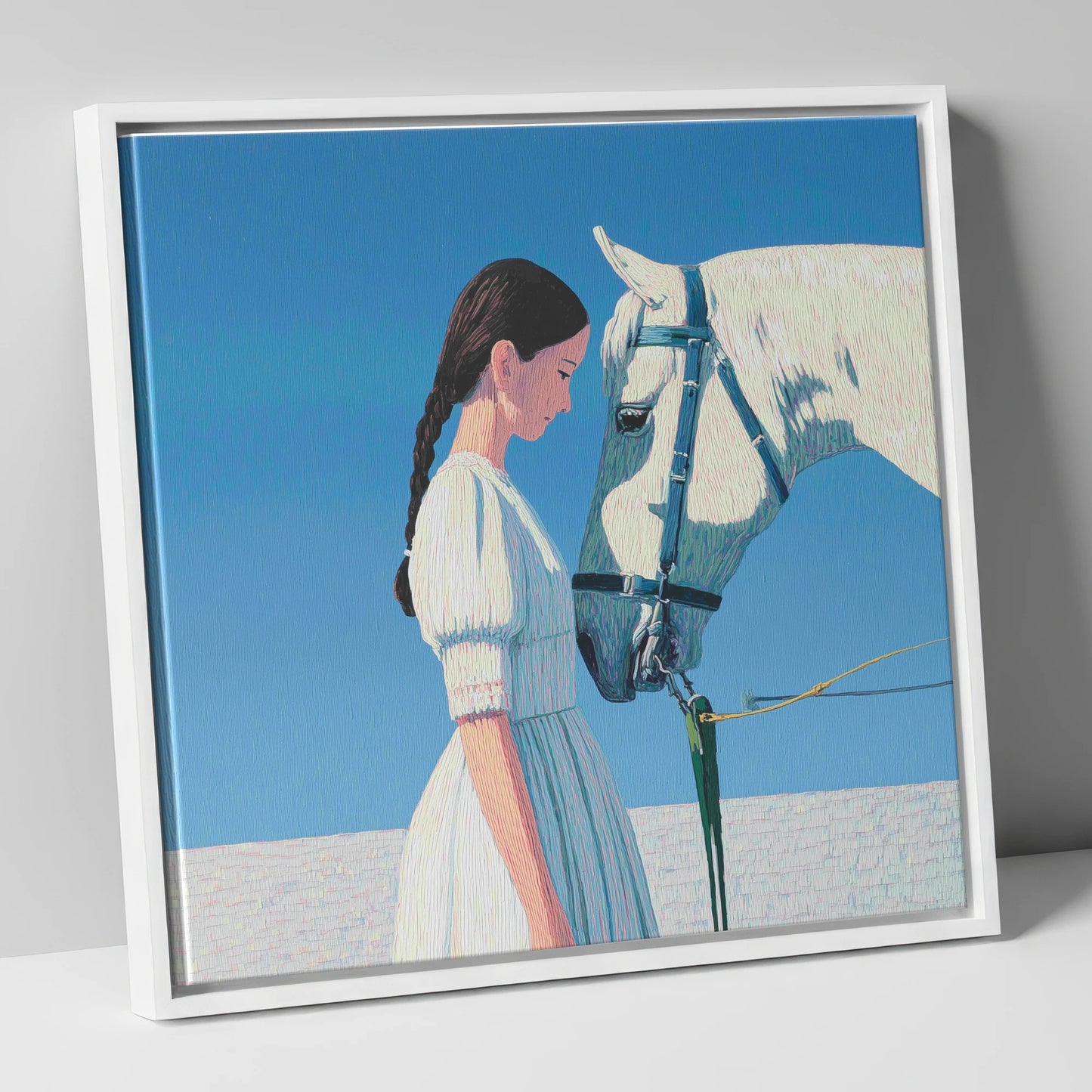 Silent Dialogue horse & rider canvas wall art in white frame