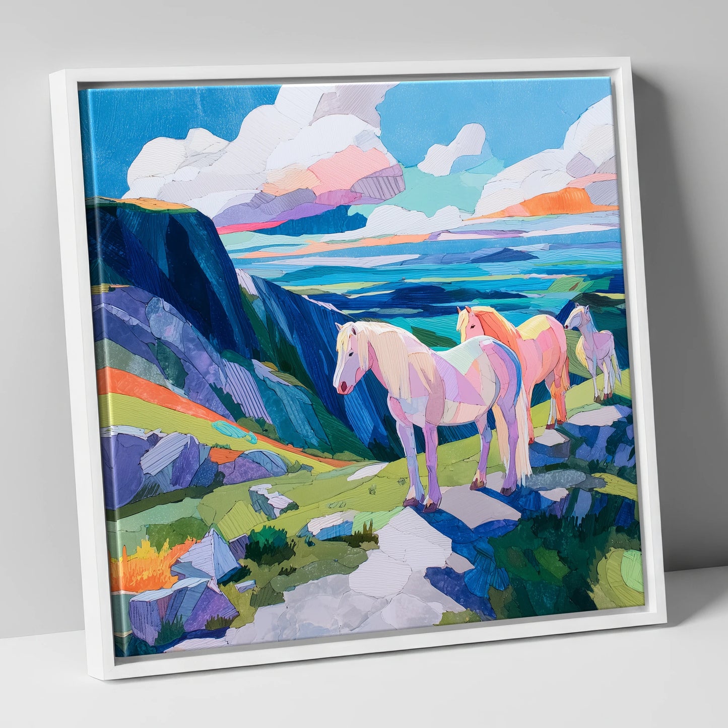 Vibrant Highland Dreamscape horse landscape canvas wall art in white frame