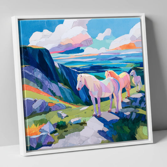 Vibrant Highland Dreamscape horse landscape canvas wall art in white frame