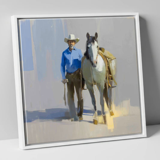 Sunlit Western Walk western horse canvas wall art in white frame